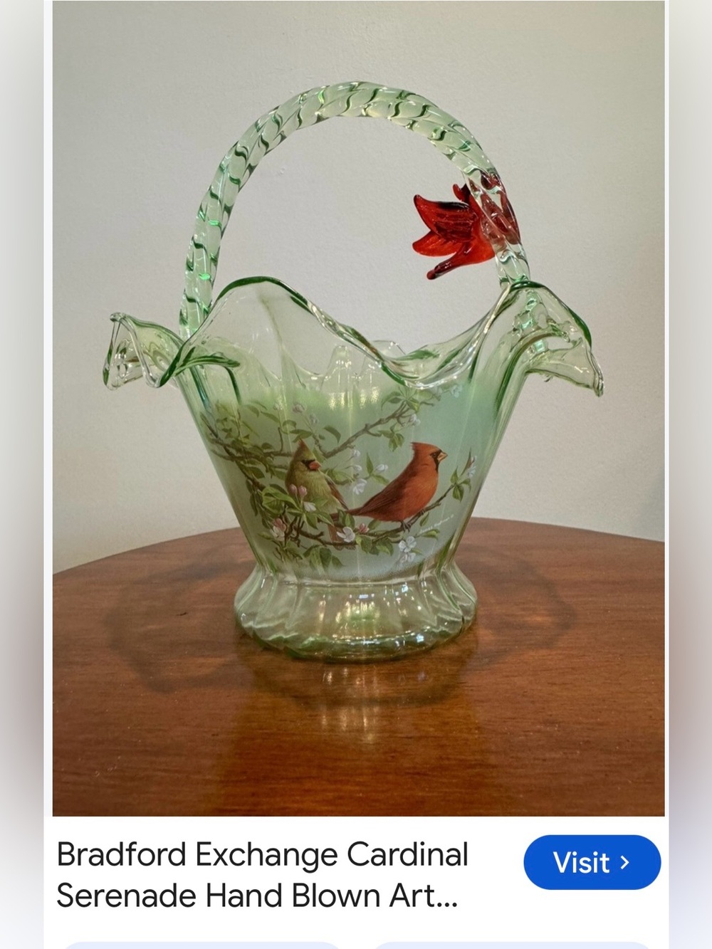 #3235**Hand-Blown Glass Decorative Basket with Red Bird Accent - Mint Green